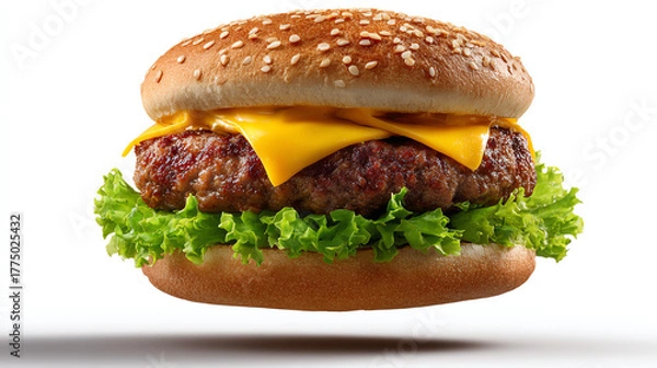 Fototapeta Burger Delight: A mouthwatering, freshly made burger, artfully constructed with a succulent patty, melted cheese, crisp lettuce, and a toasted sesame seed bun, ready to tantalize your taste buds.