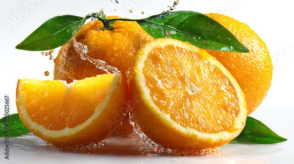 Fototapeta Citrus Burst: A vibrant composition of fresh oranges, showcasing juicy slices with water splash, embodying vitality and freshness.