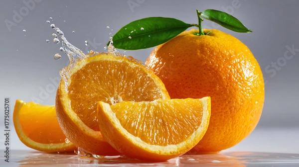 Obraz Zesty Citrus Splash: a vibrant photograph of fresh oranges, sliced to reveal their juicy interior, with a dynamic splash of water. Capturing the essence of refreshment and vitality.