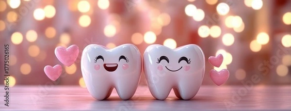 Obraz Two smiling cartoon teeth with rosy cheeks and closed eyes surrounded by floating pink hearts on a soft glowing bokeh background expressing happiness and affection