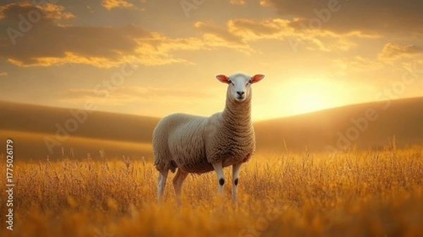 Obraz A lone sheep standing in a golden field during sunset with soft clouds and warm glowing light