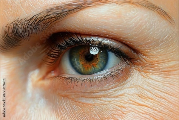 Fototapeta Extreme close-up of a human eye showing detailed iris patterns, eyelashes, skin texture, and fine wrinkles conveying natural beauty and curiosity
