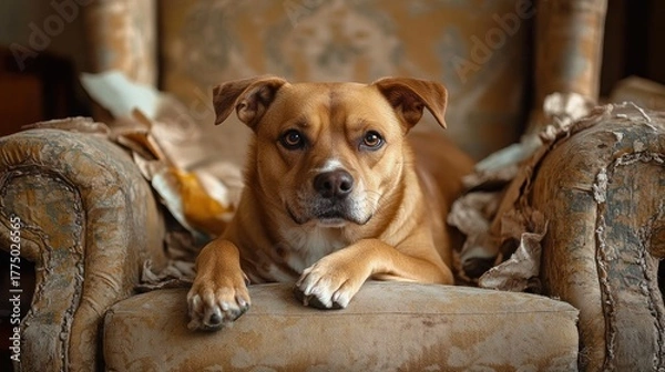 Obraz brown dog resting on worn and torn beige armchair looking directly at camera with calm and curious expression