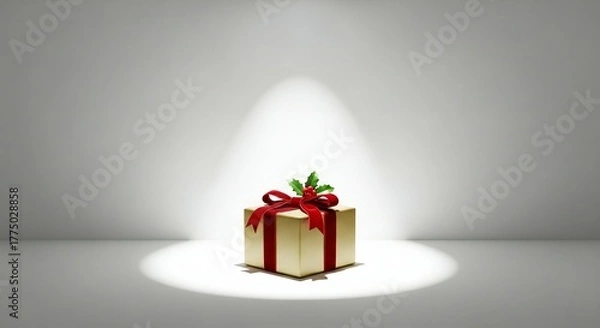 Fototapeta Classic Christmas gift box tied with red ribbon and holly leaves under spotlight, perfect for holiday promotions and festive campaigns