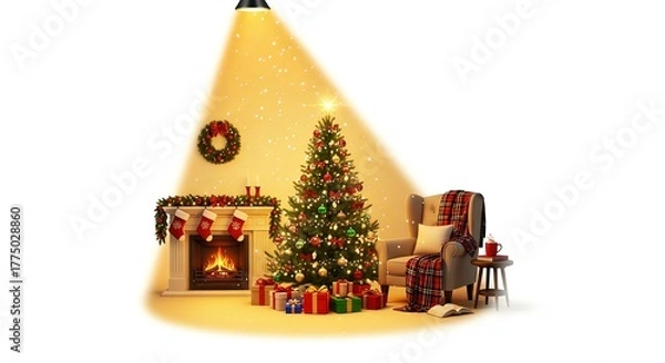 Fototapeta Experience the joy of Christmas with a festively decorated tree and cozy fireplace scene perfect for holiday cheer