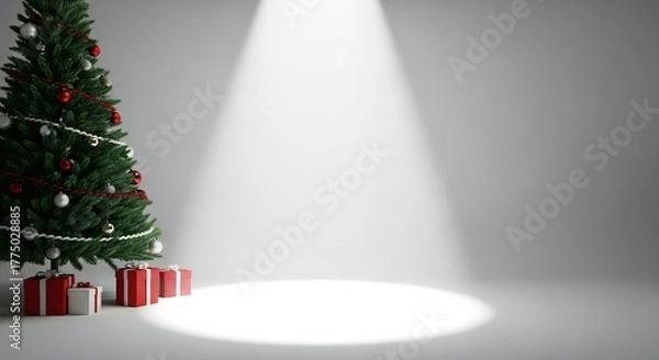 Fototapeta Elegant Christmas tree with gifts under spotlight perfect for holiday promotions and creating a magical festive mood
