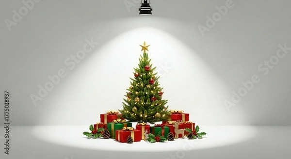 Fototapeta Experience the joy of the holidays with a beautifully decorated Christmas tree surrounded by festive presents and sparkling lights