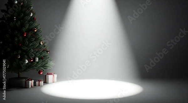 Fototapeta Create captivating Christmas promotions with this elegantly lit tree and gift backdrop for your seasonal campaigns and holiday events