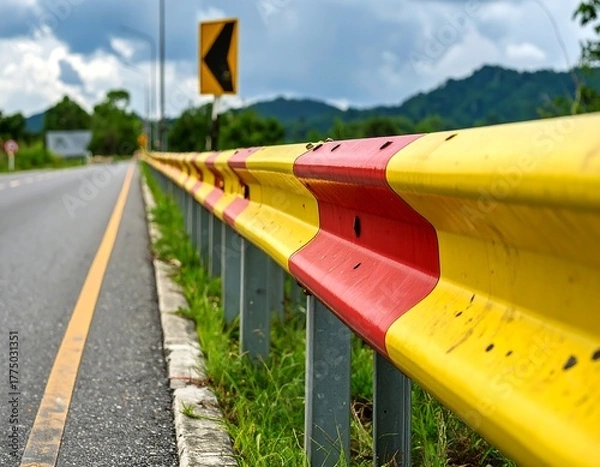 Obraz Red and yellow guardrail along a curving road