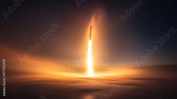 Fototapeta A rocket streaking across a dusk sky, leaving a glowing trail that symbolizes ambition, aspiration, and the pursuit of dreams. The warm tones of sunset blend with the luminous trail, evoking a sense o