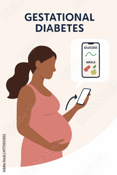 Fototapeta Flat vector of pregnant woman using mobile app to track glucose and meals for gestational diabetes