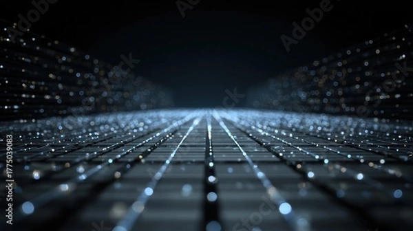 Fototapeta A dark, empty tunnel with glowing blue lights and a black background.