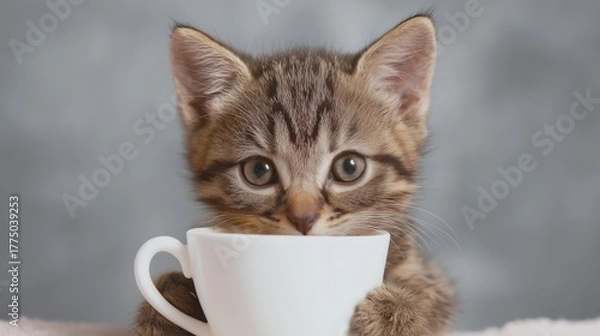 Fototapeta Curious Kitten Peeking Over White Cup