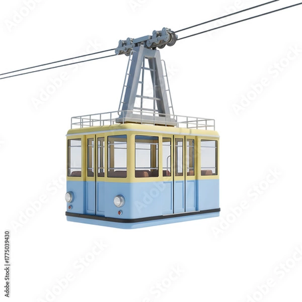 Obraz Vintage blue and yellow aerial tramway cabin or gondola, realistic 3D render, isolated on transparent background