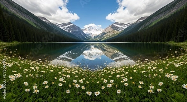 Fototapeta Scenic Mountain Lake Landscape with Snow-capped Peaks Green Forest and Wildflowers