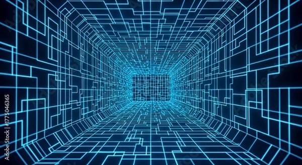 Fototapeta Futuristic Digital Tunnel with Glowing Blue Circuit Lines in Virtual Reality Environment