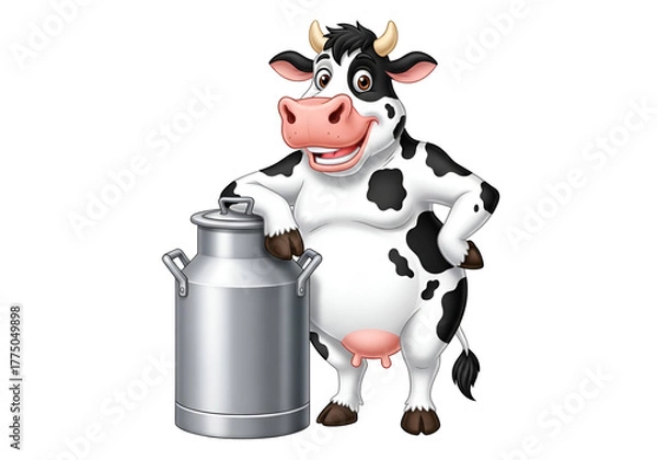 Obraz Friendly black and white Holstein cartoon cow mascot with a cheerful smile leaning on a silver milk can, representing dairy and agriculture, isolated on transparent background.