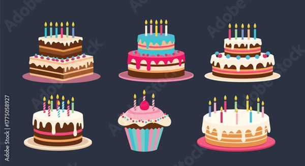 Fototapeta Set of delicious and colorful birthday cakes with lit candles, featuring different designs and frosting, ready for a party.
