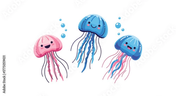Fototapeta Cute cartoon jellyfish swimming in the ocean with bubbles, depicted in a playful and friendly illustration style.