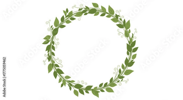 Fototapeta A beautifully illustrated green leafy wreath with delicate vines forms a circular natural frame on a clean white background.