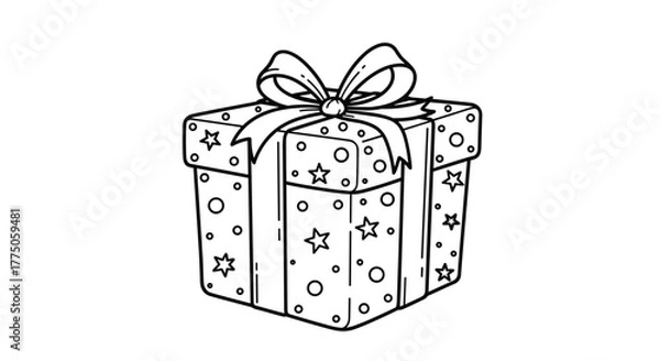 Fototapeta A festive gift box outline with a decorative bow and ribbon, adorned with stars and dots, perfect for a coloring page or design element.