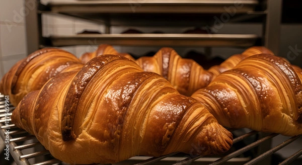 Fototapeta Golden Baked Croissants Displayed Freshly on Cooling Rack at a Bakery, Ready to be Enjoyed