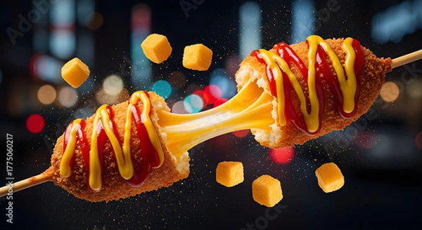 Fototapeta Delicious Corn Dogs A Close-Up View of a Classic Treat with Melted Cheese, Mustard, and Ketchup