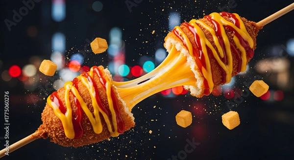 Fototapeta Deliciously stretched cheese oozing from a deep-fried snack, drizzled with ketchup and mustard against a blurred city backdrop