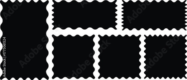 Obraz postage stamps set. Black post stamp frames and borders. Rectangle, square template for mail, postcard, letter, note. Vector zigzag objects for badge, sticker, photo, frame. Vector illustration set