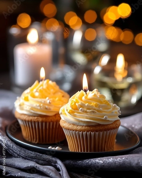 Fototapeta Decorative cupcakes with yellow frosting and candles on a festive table setting