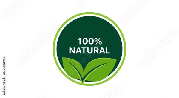 Fototapeta Green oval badge with leaves and text indicating natural quality