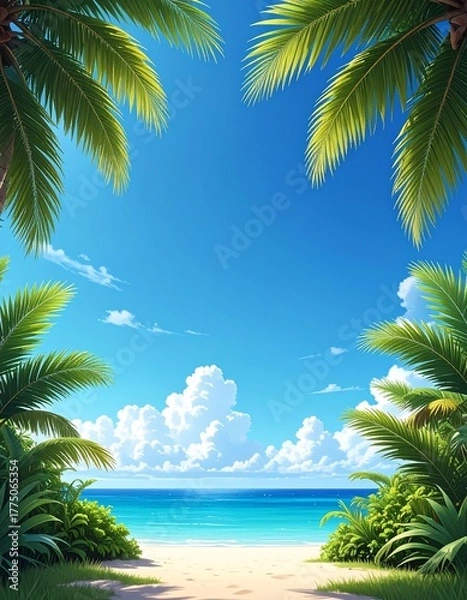 Obraz Sunlight filters through palm leaves on a clear day near the ocean with fluffy clouds in the background