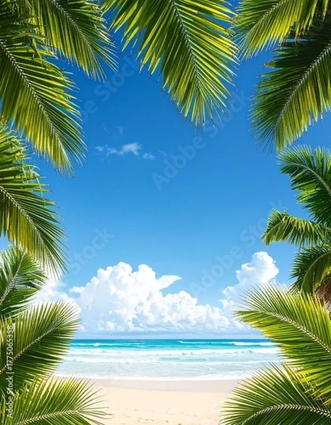 Fototapeta Sunlight filters through palm leaves on a clear day near the ocean with fluffy clouds in the background