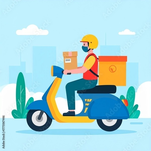 Obraz Delivery rider on scooter with packages at a residential door in a sunny urban setting