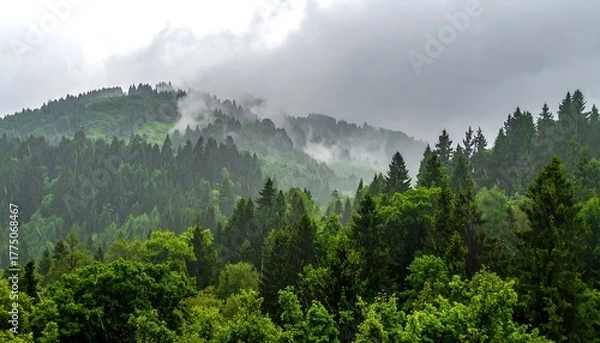 Obraz Green forest with misty hills. Dark clouds covering the peaks