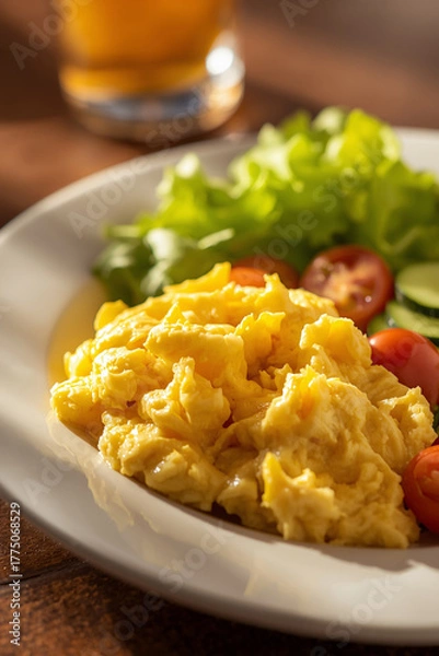 Obraz Macro shot of scrambled eggs served with fresh salad on white ceramic plate. Warm daylight, shallow focus, and balanced shadows add freshness and warmth perfect for culinary promotion.