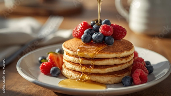 Fototapeta Photography of pancakes with fruit topping and honey drizzle. Captured with soft diffused light, warm tone, and minimal props for an inviting, wholesome breakfast aesthetic.