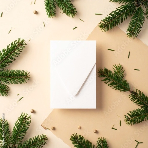 Obraz Festive pine branches arranged on a neutral background for holiday decoration or crafting projects