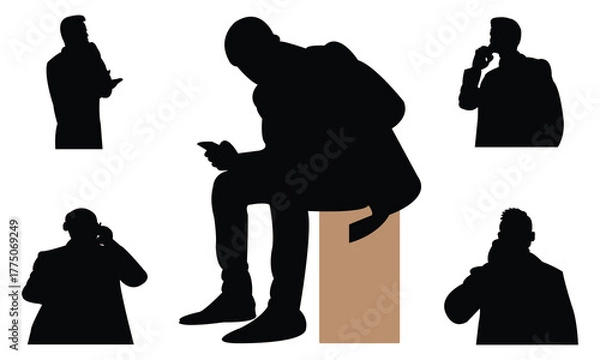 Obraz Man Silhouette Using Mobile Phone Vector Illustration Collection