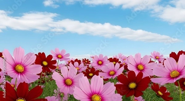 Fototapeta Vibrant field of pink and red cosmos flowers under a bright blue sky with fluffy white clouds, perfect for spring or summer designs