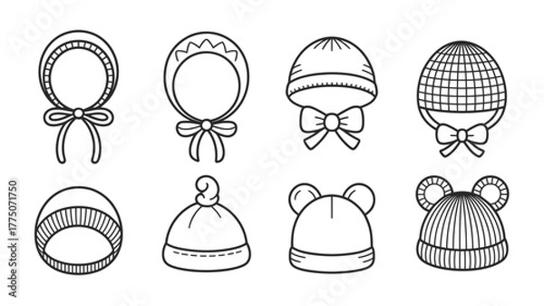 Fototapeta Adorable baby hats collection, perfect for baby shower invitations and DIY nursery decor projects, sweet hand-drawn line art for creative kids designs