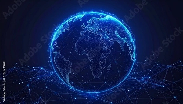 Fototapeta Digital representation of Earth connected by glowing lines in a futuristic network design at night
