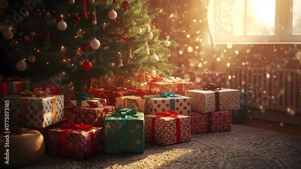 Fototapeta Enchanting Christmas morning scene with gifts under a tree basking 
