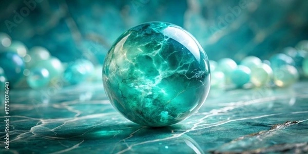 Obraz A mesmerizing teal sphere rests on a polished surface, surrounded by a soft-focus backdrop of similar orbs, creating an elegant and serene visual