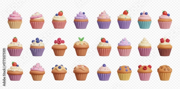Obraz A large collection of colorful cupcakes with various frostings and fruit toppings, isolated on a transparent background.