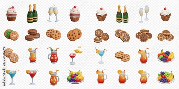 Obraz A vibrant collection of 3D rendered icons featuring various celebratory food and drink items like cupcakes, champagne, cookies, cocktails, and fruit bowls.