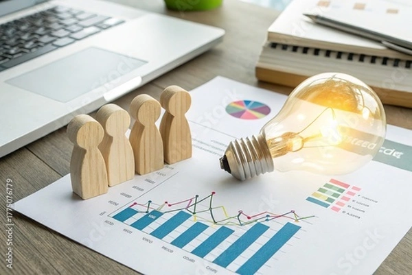 Obraz Glowing lightbulb above financial charts with wooden figures