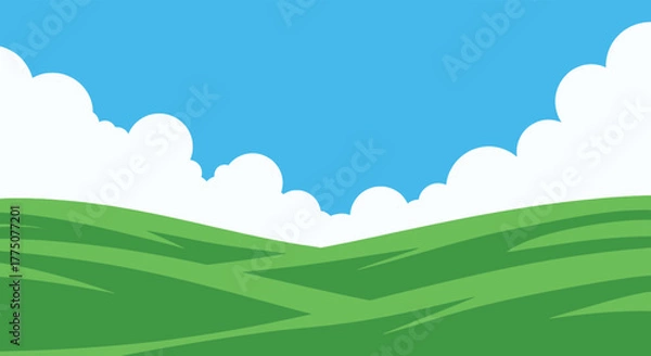 Fototapeta Vibrant green rolling hills under a bright blue sky with fluffy white clouds