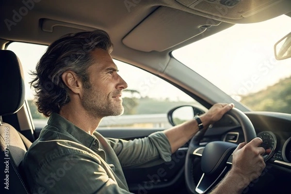 Fototapeta Man driving a car with both hands on the steering wheel