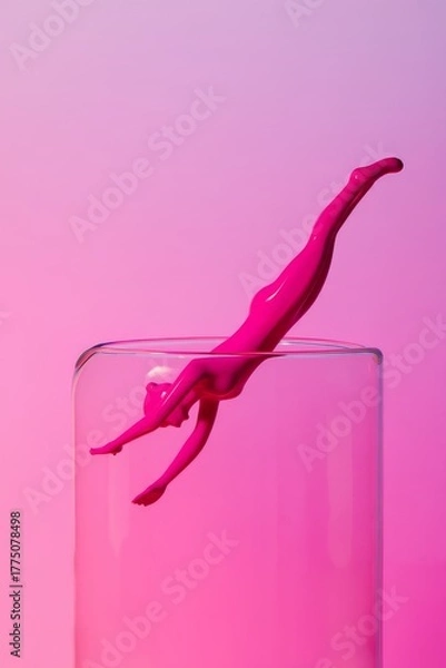 Fototapeta A surreal visual of a bright pink human figure in a dynamic pose splashing into a clear glass against a colorful gradient